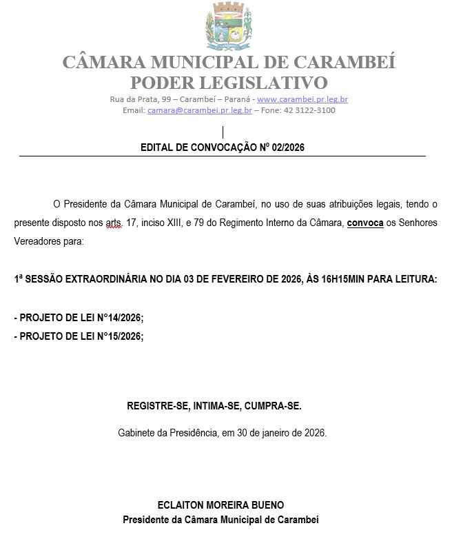 Edital de Convocação nº 02/2026 - 1ª Sessão Extraordinária 