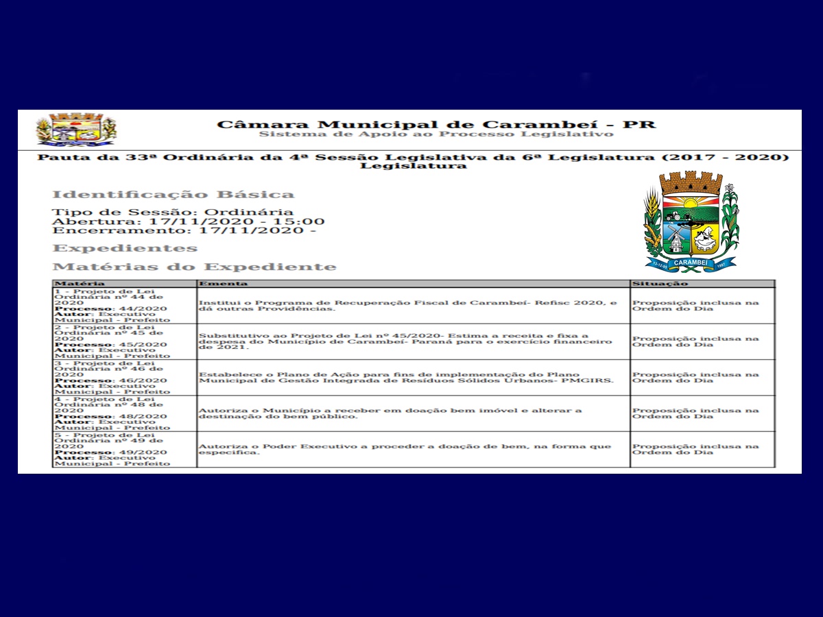 Pauta da 33ª Sessão Ordinária da 6ª Legislatura