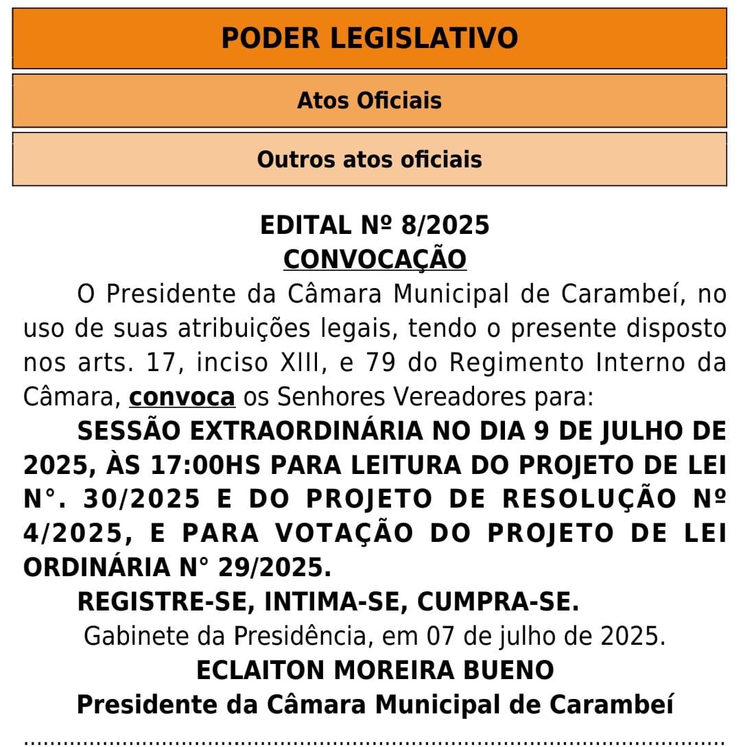 Edital nº 8/2025 - Sessão Extraodinária